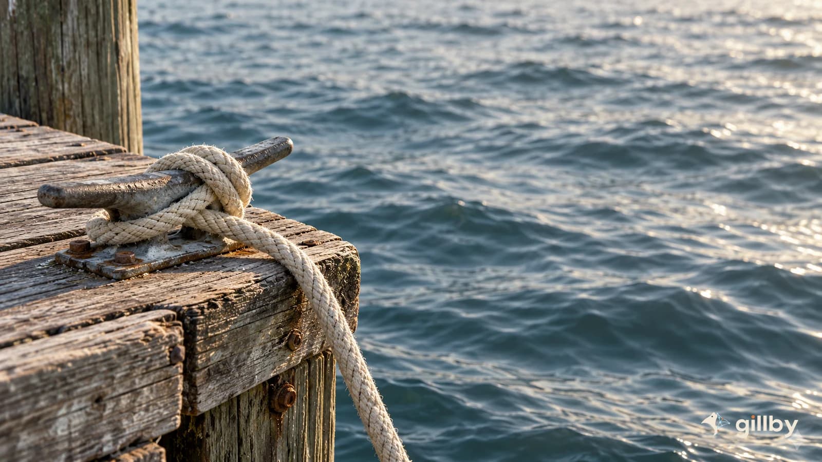 Close crop of a dock edge and mooring line beside softly rippling coastal water