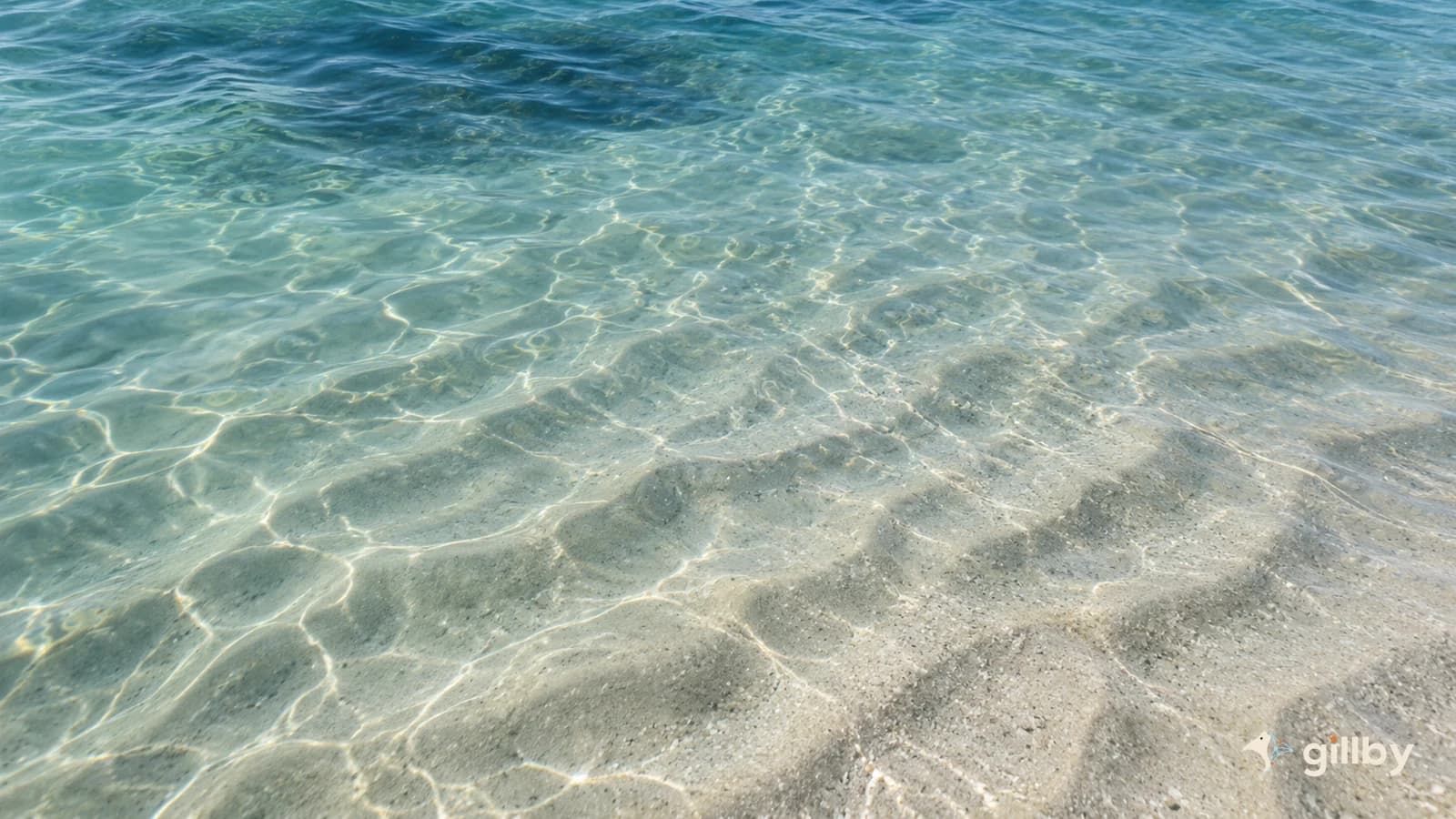 Natural sand ripples under clear shallow coastal water with small wavering reflections