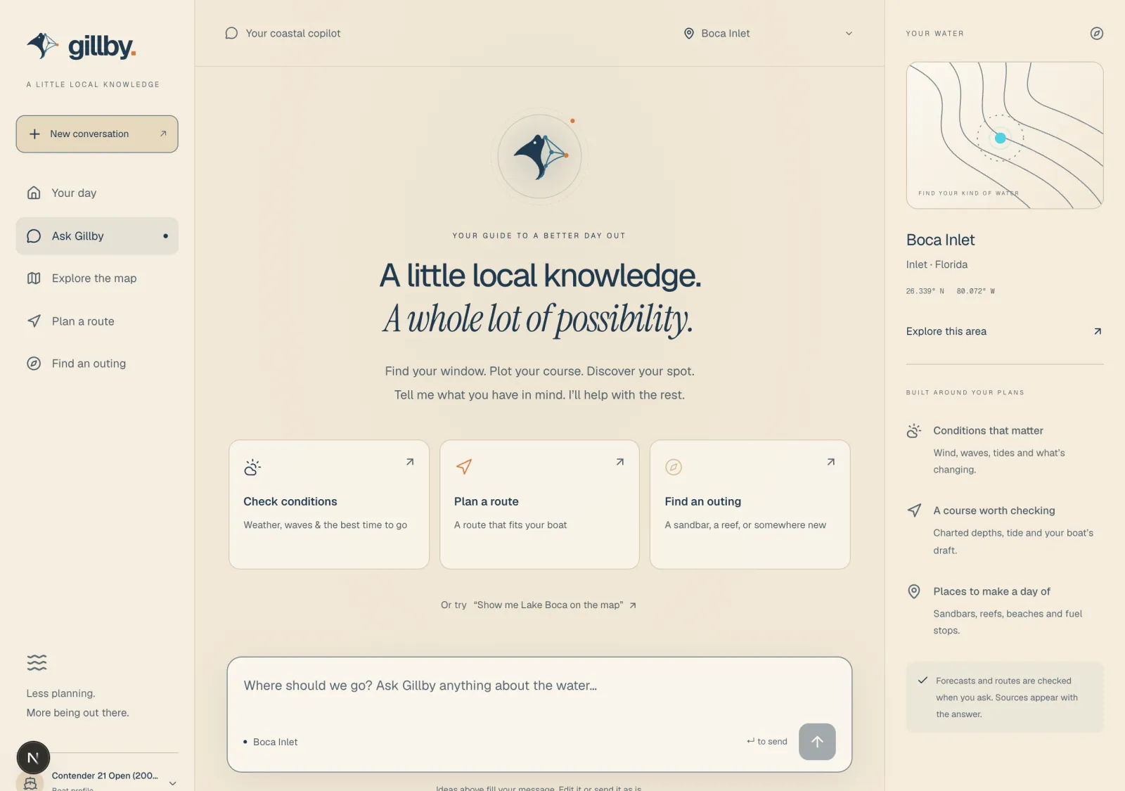 Ask Gillby chat screen with Boca Inlet selected and shortcuts for conditions, routes and outings