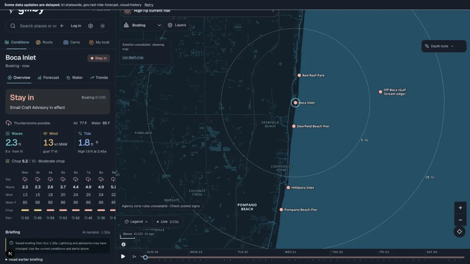 Gillby water map with Boca Inlet conditions, the coastline and nearby spots