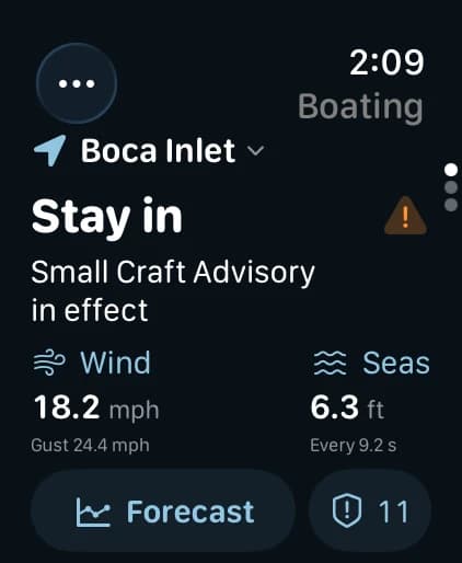 Gillby Apple Watch development capture showing recorded marine conditions