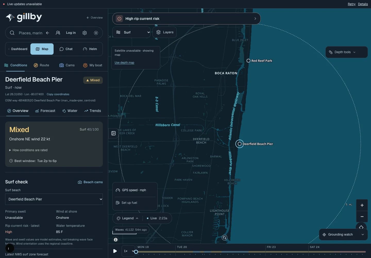 Gillby Deerfield Beach Pier surf activity view and coastal map