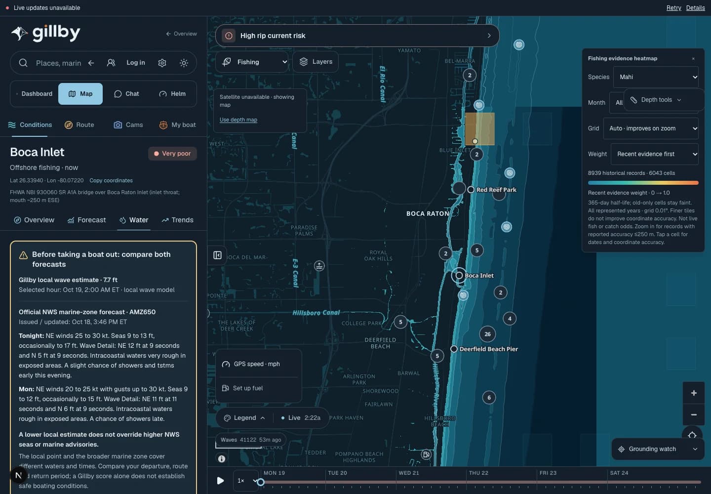 Gillby fishing map showing recorded fishing evidence, species controls, reefs and depth contours