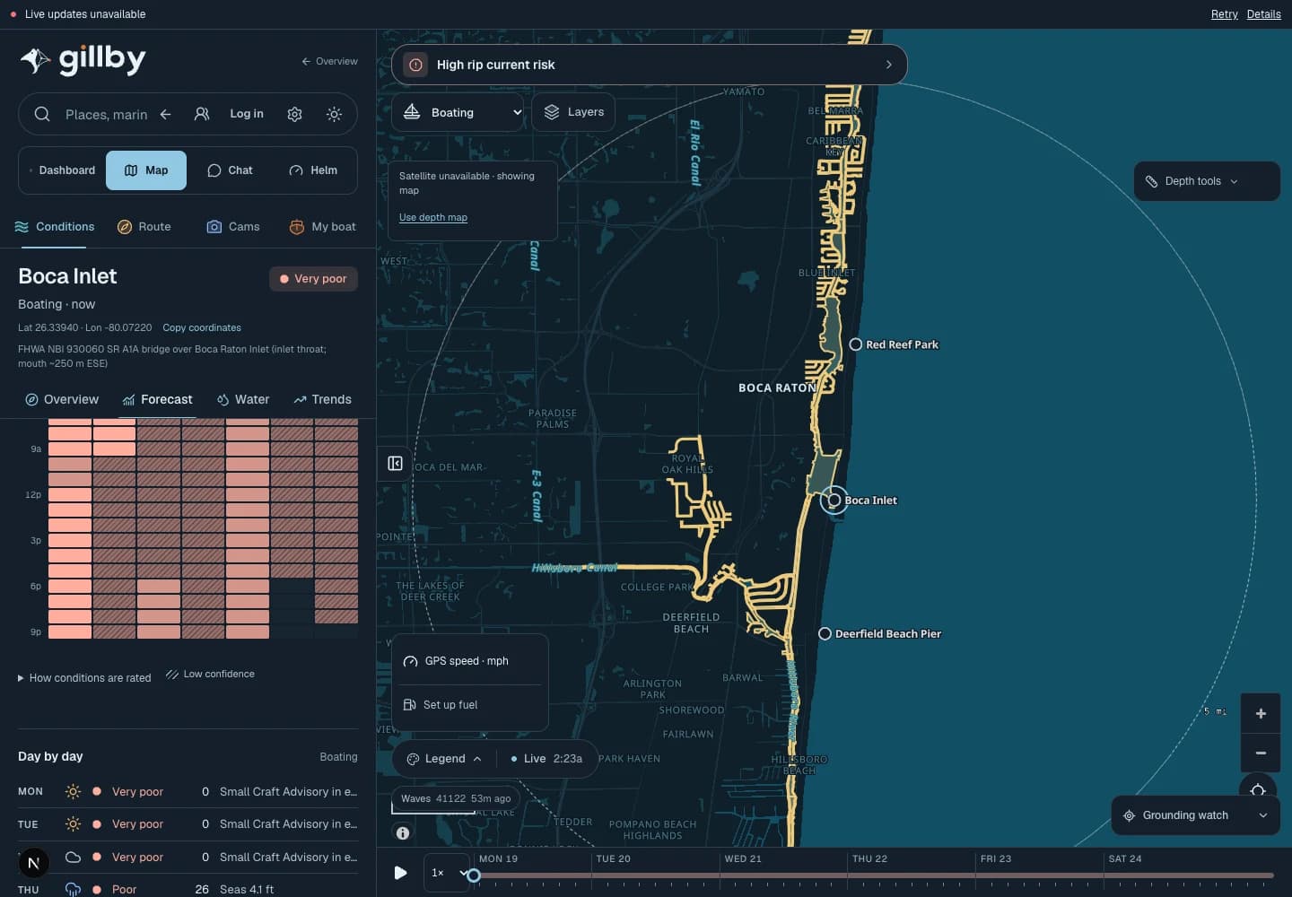Gillby Boca Inlet forecast view with hourly conditions alongside the coastal map