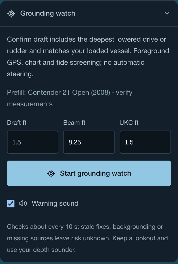 Actual Gillby grounding-watch setup with draft, beam, under-keel clearance and warning-sound controls