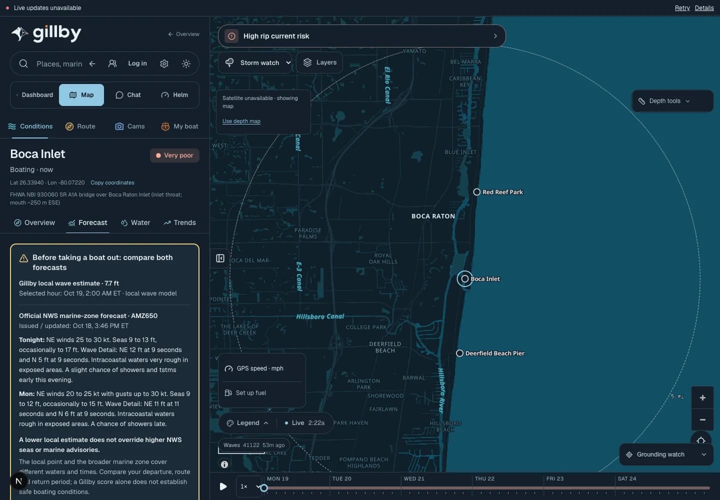 Gillby Storm watch activity preset on the Boca Inlet map, with source availability notices