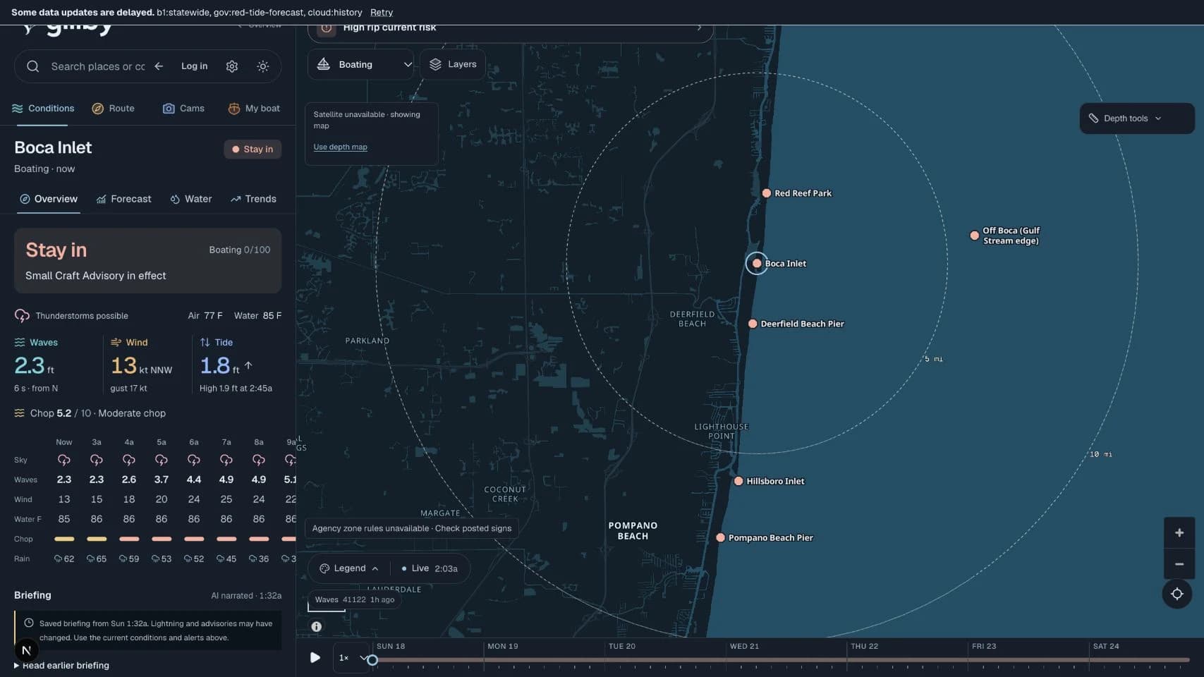 Actual Gillby water map with Boca Inlet forecast, wind, waves and tides