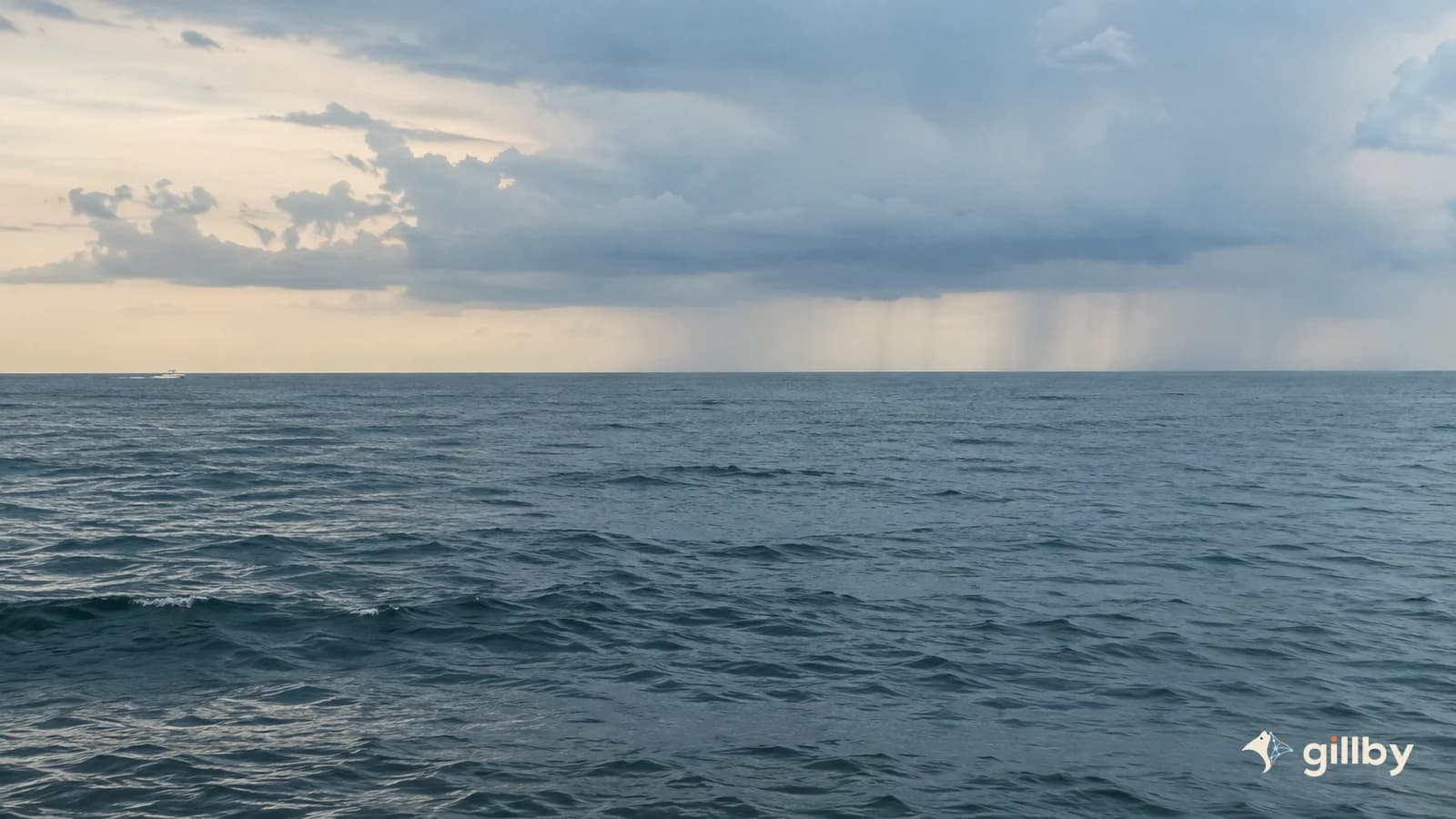 Quiet coastal water with a subtle distant storm cloud, with Gillby branding