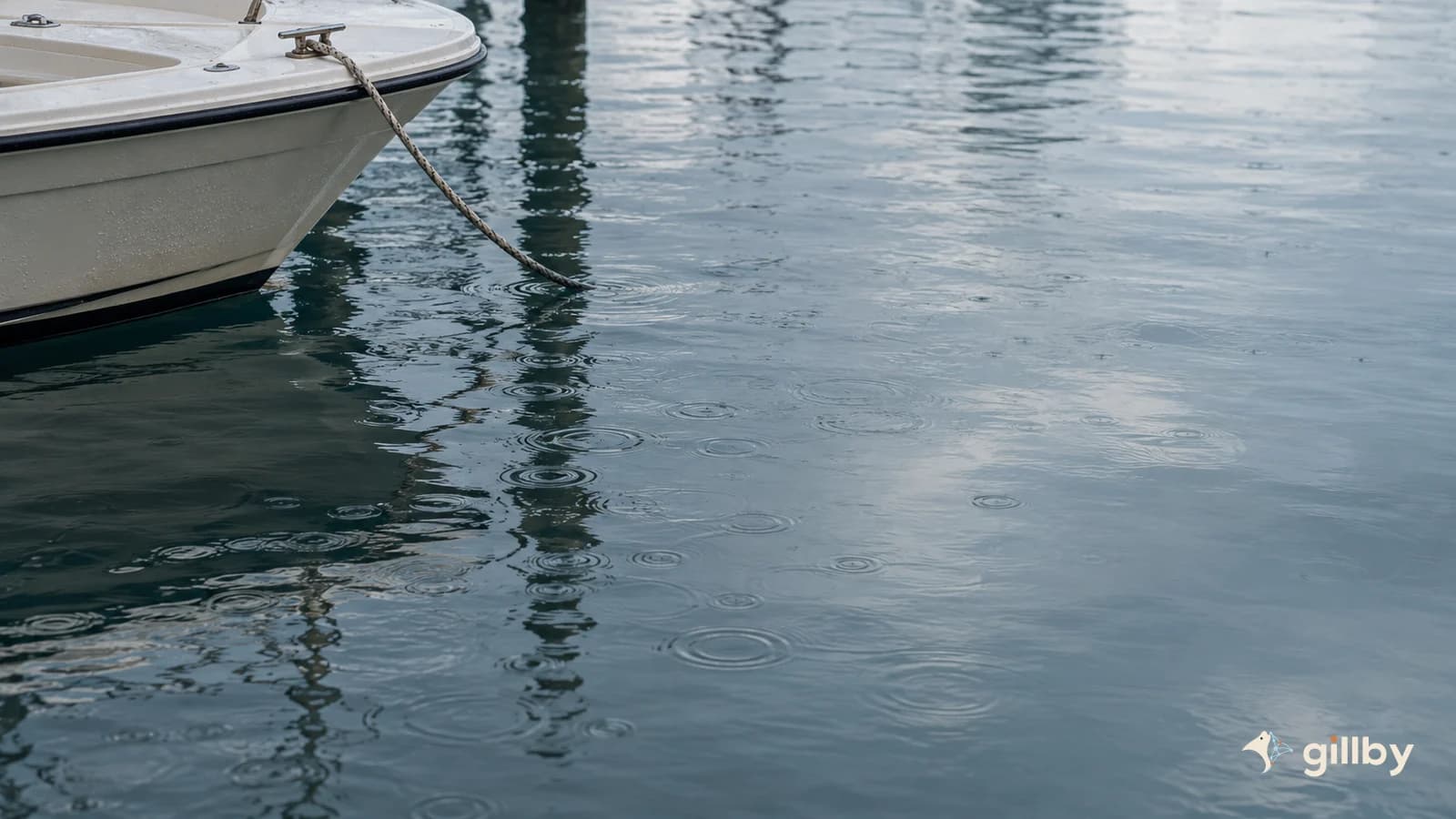 Raindrop rings on sheltered marina water beside a moored boat