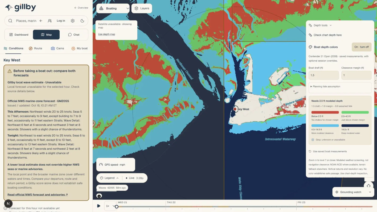 Gillby depth shading around Key West with ocean and bay sides visible