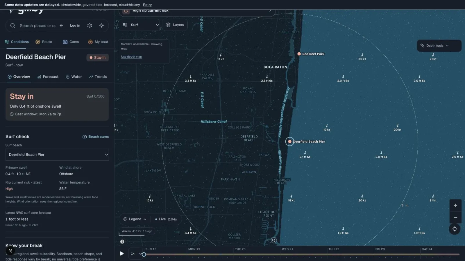 Gillby surf overview for Deerfield Beach Pier with swell, wind and a stay-in verdict
