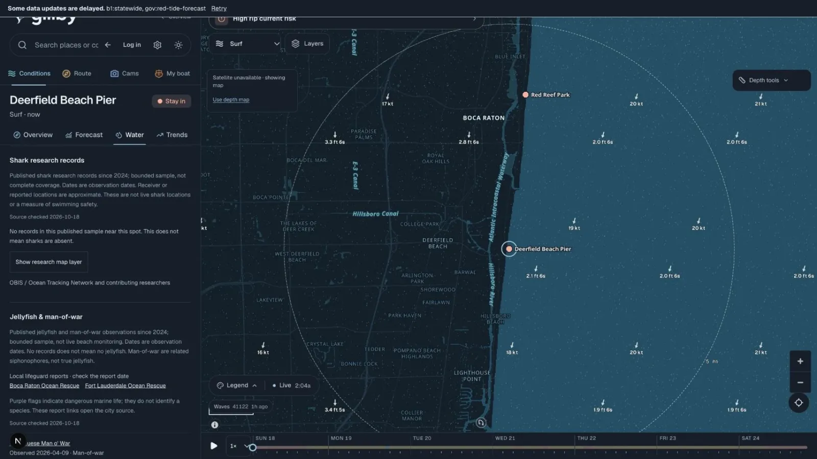 Gillby water panel for Deerfield Beach Pier listing dated shark and jellyfish research records