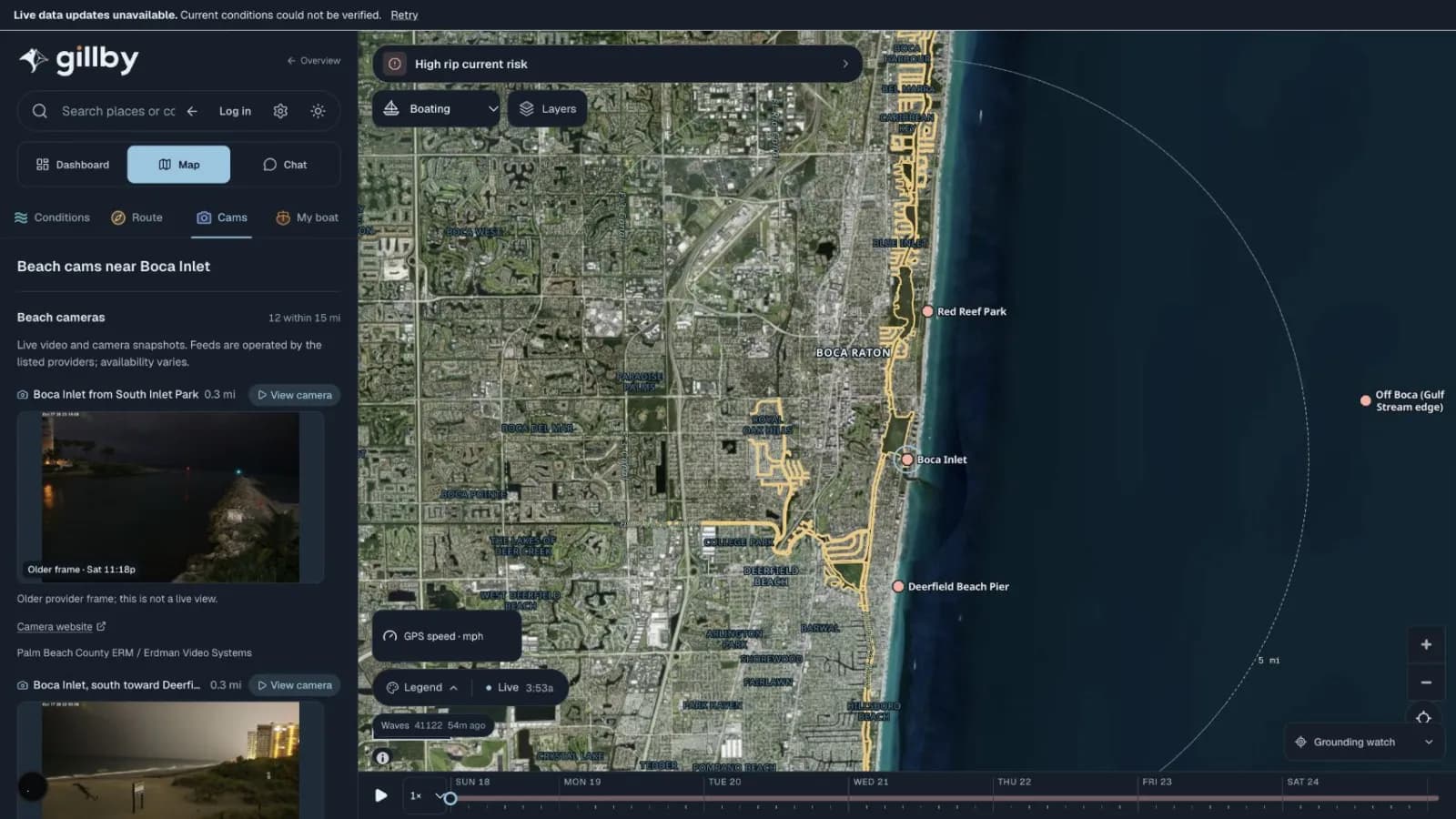 Beach cameras near Boca Inlet listed in Gillby with their frame times
