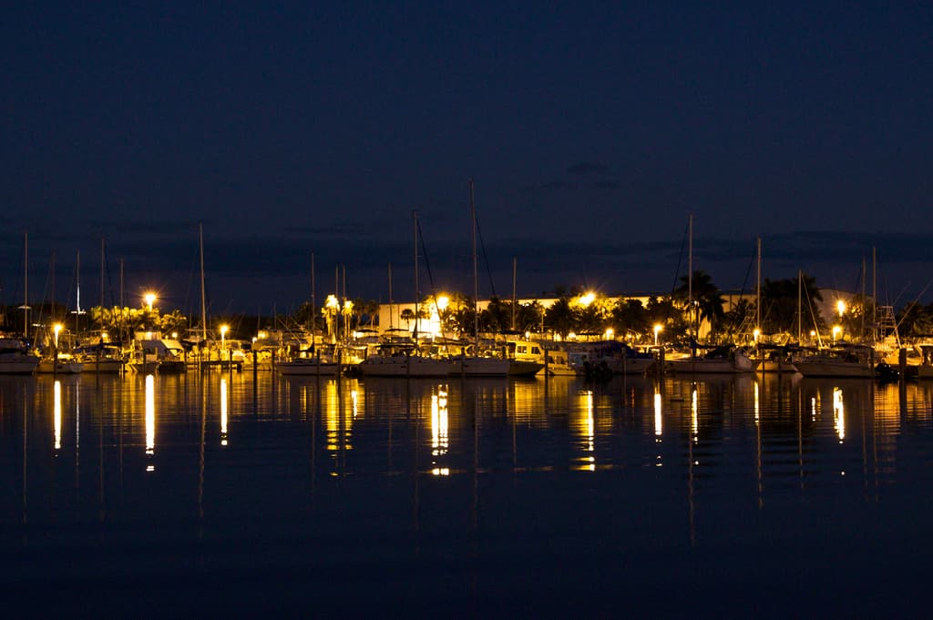 Black Point Marina at night; marina overview, not a close-up of the launch lanes.