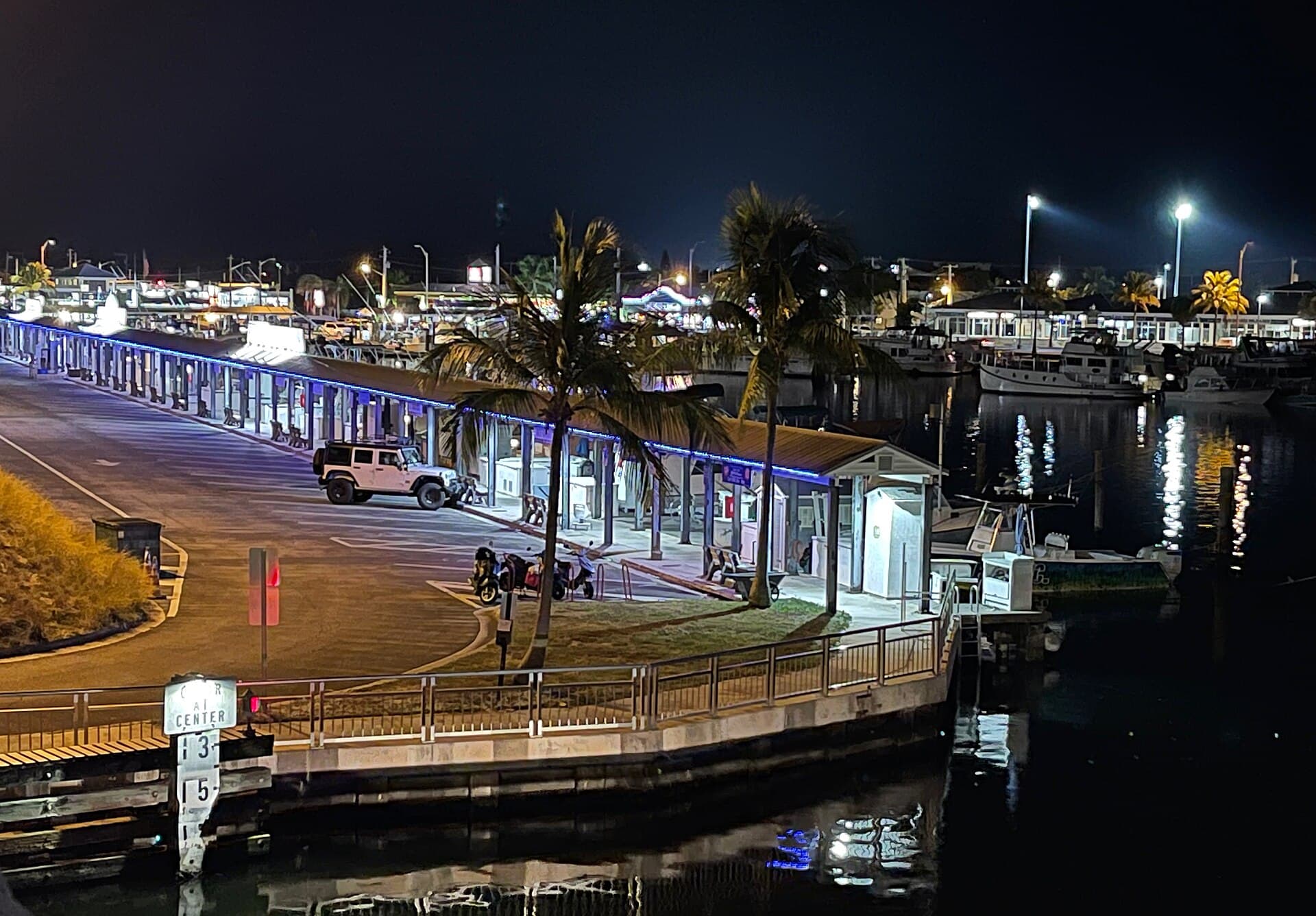 Garrison Bight Marina at night, August 2022; marina overview, not the launch lanes.