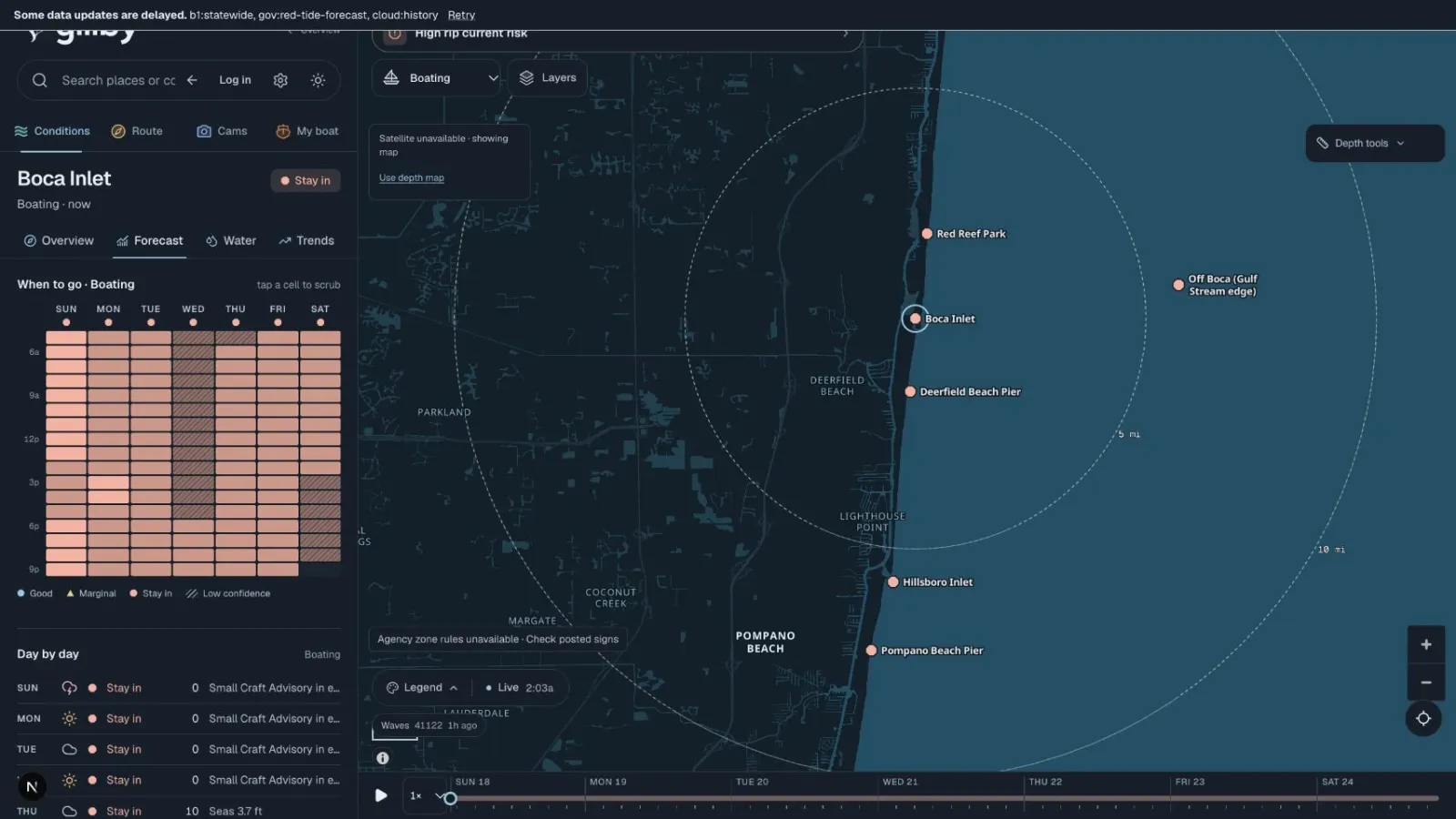 Gillby hourly boating forecast grid for Boca Inlet across seven days
