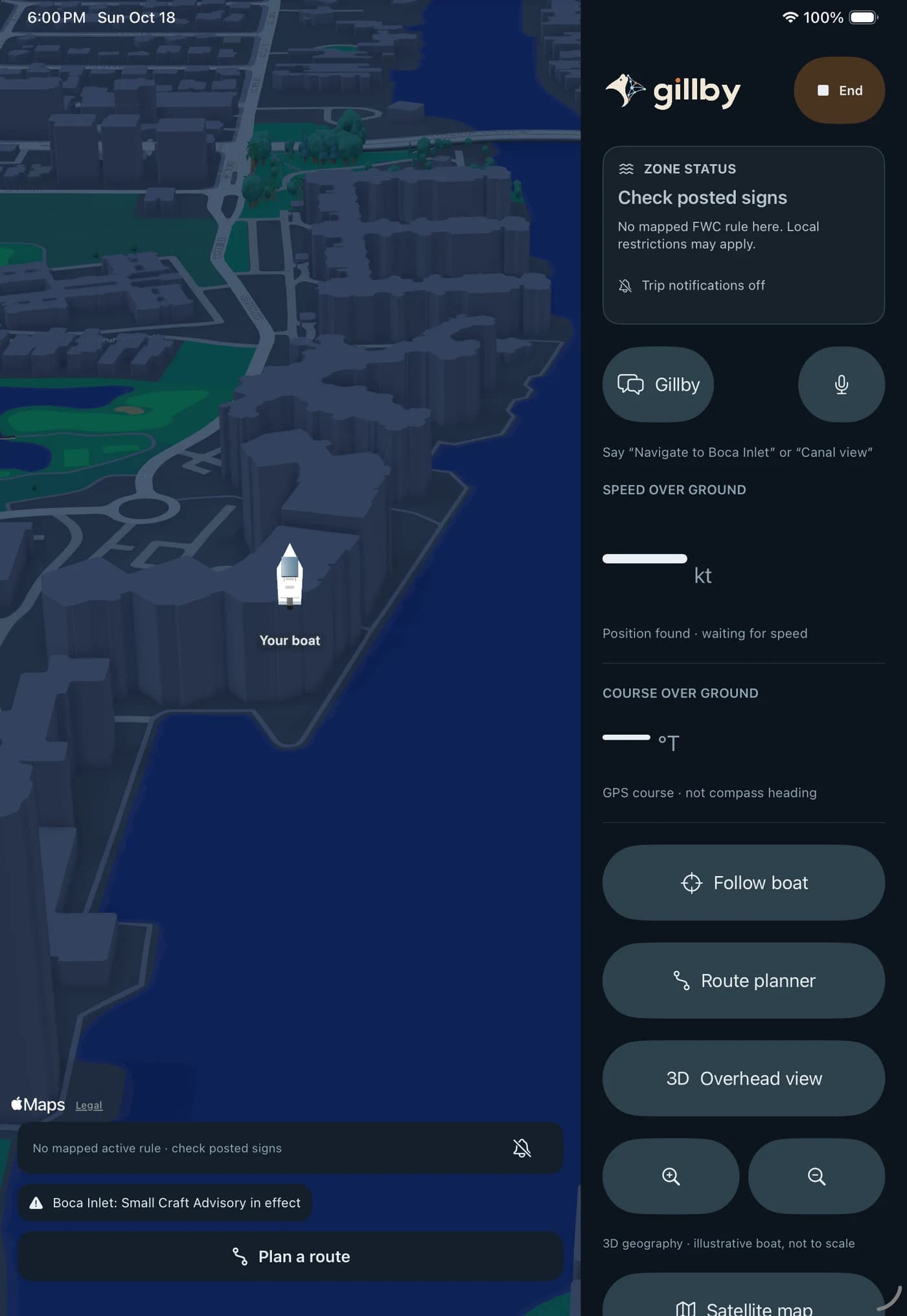Gillby iPad helm development capture with map and GPS instrument layout