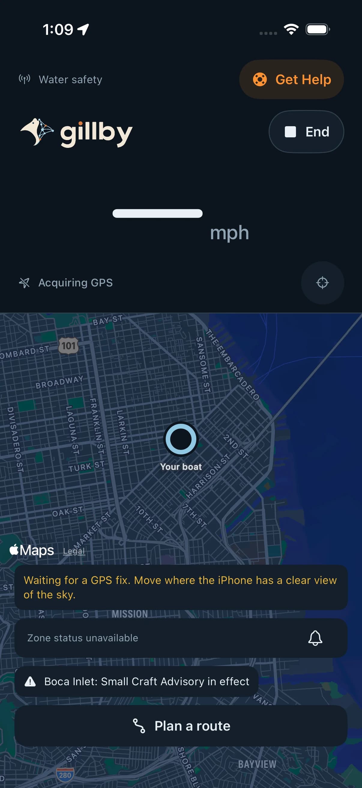 Actual Gillby iPhone GPS speedometer and map development capture, waiting for GPS